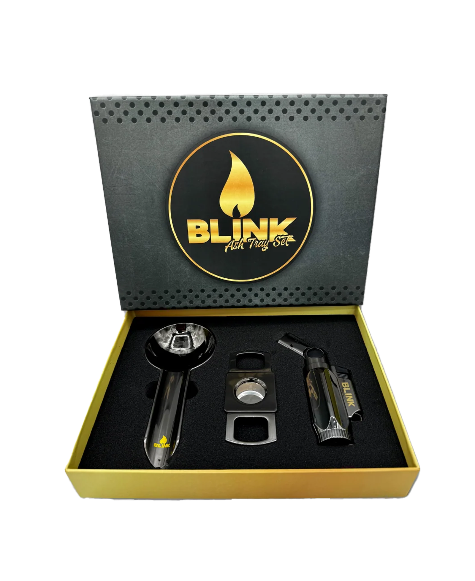 Cigar cutter, ashtray and torch